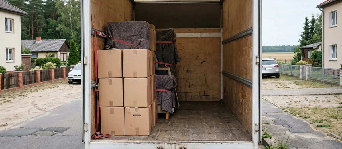 Blick in den offenen Kofferaufbau mit gestapelten Kartons und einem in Decken gewickelten Schrank