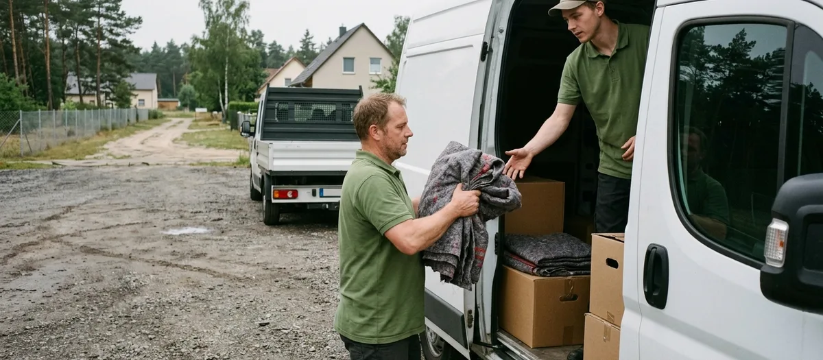 Zwei Mitarbeiter in grünen Poloshirts reichen sich eine Umzugsdecke am offenen Transporter