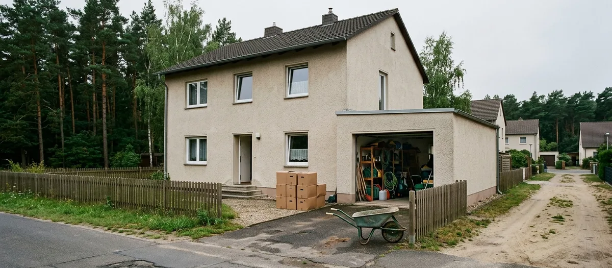 Einfamilienhaus mit offener Garage, gestapelten Kartons vor der Tür und Schubkarre in der Einfahrt