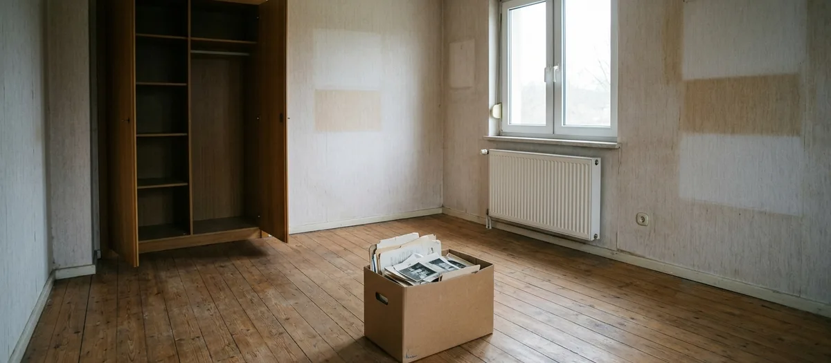 Leergeräumtes Zimmer mit Dielenboden, offenem Kleiderschrank und einem Karton voller alter Papiere