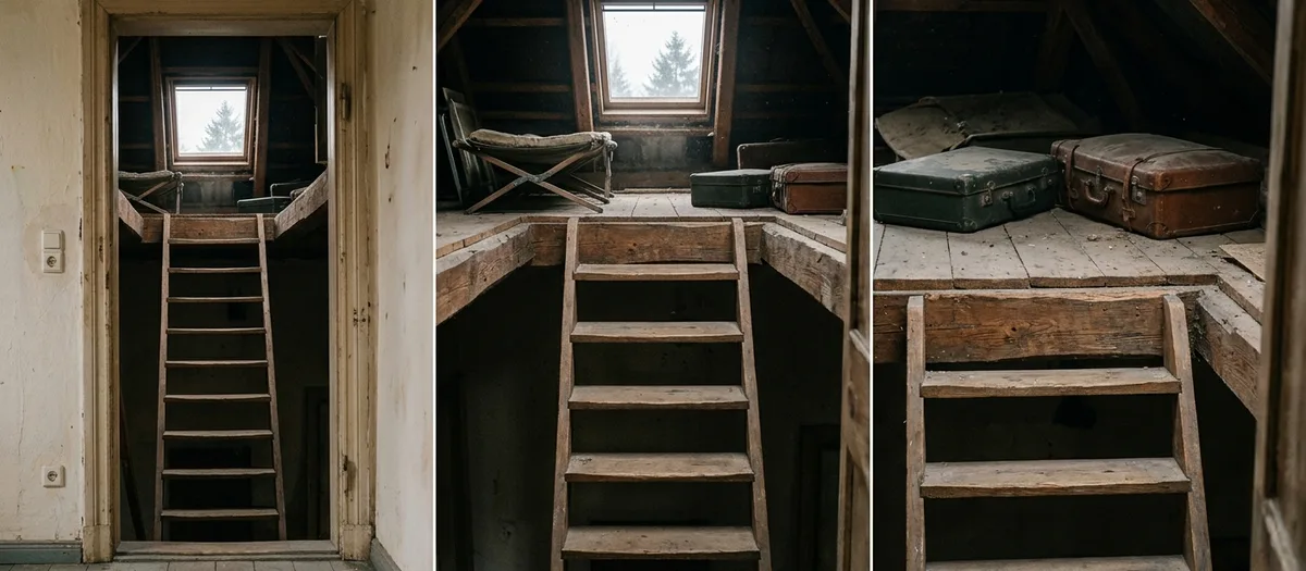 Dreiteilige Ansicht eines Dachbodens mit Holzstiege, Dachfenster und zwei alten Reisekoffern auf Dielen