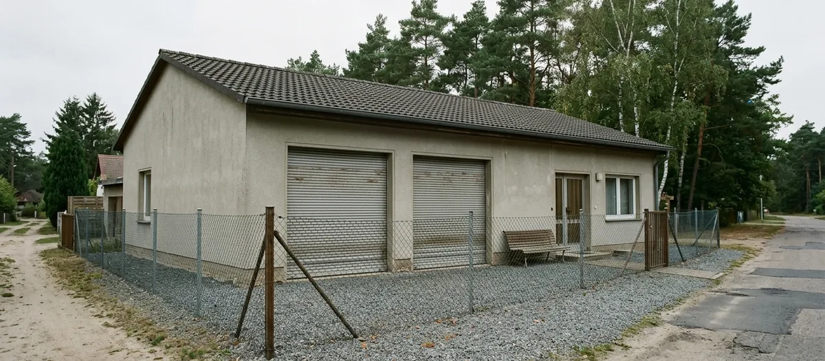 Flacher Zweckbau mit zwei Rolltoren und Kiesfläche am Ortsrand von Michendorf neben einem Sandweg