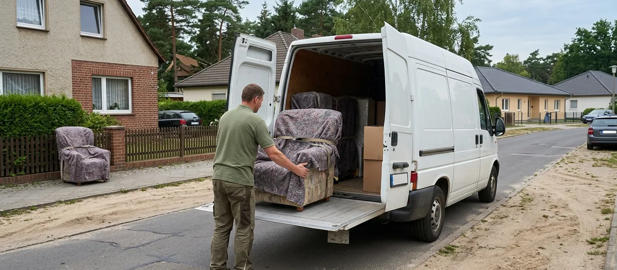 Mitarbeiter schiebt einen abgedeckten Sessel über die Laderampe in den beladenen Transporter