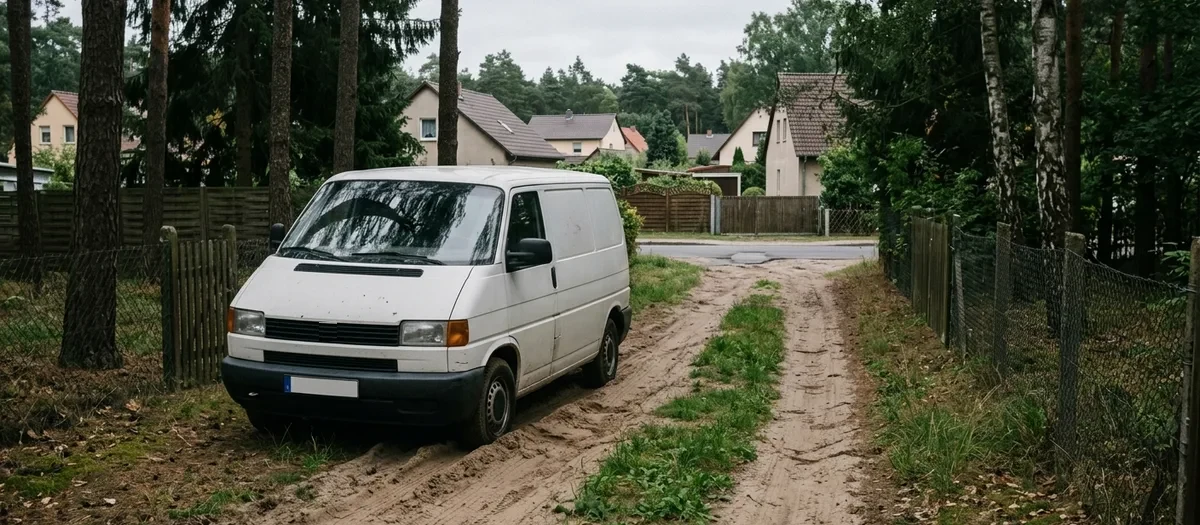 Weißer Kastenwagen parkt am Rand eines sandigen Feldwegs zwischen Kiefern und Gartenzäunen