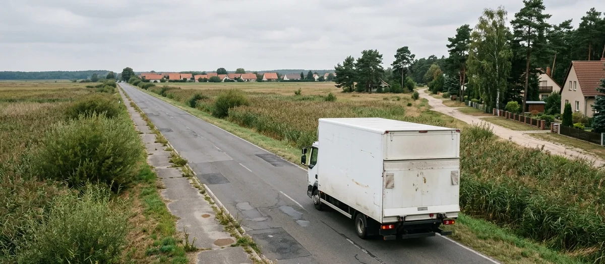 Blick von oben auf einen Möbelkoffer, der eine schnurgerade Landstraße durch flaches Ackerland befährt
