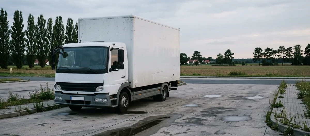 Weißer Lastwagen parkt in der Dämmerung auf einer betonierten Fläche mit Pfützen neben Feldern