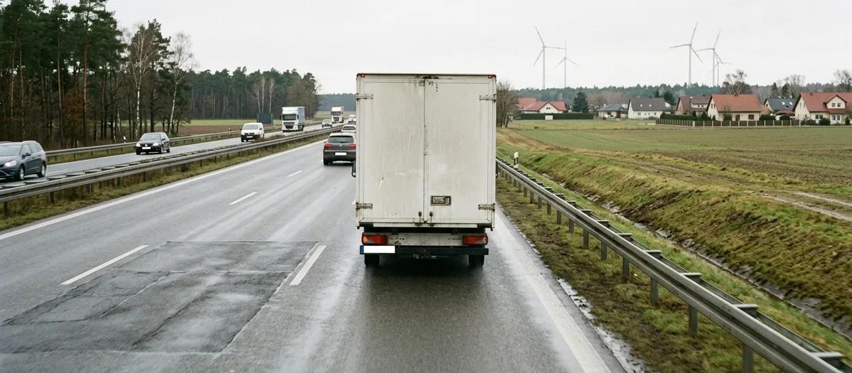 Fahrt hinter einem Koffer-Lkw über nasse Fahrbahn, am Horizont Windräder und Häuser eines Dorfes