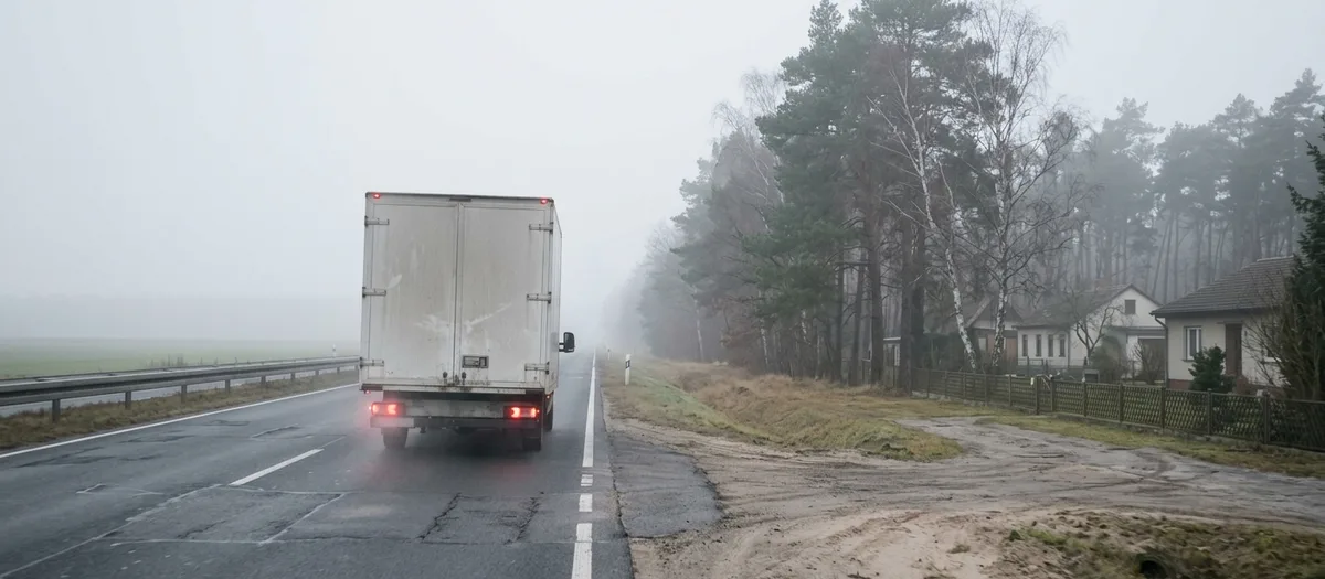 Lkw mit leuchtenden Rücklichtern fährt bei dichtem Nebel über eine nasse Landstraße