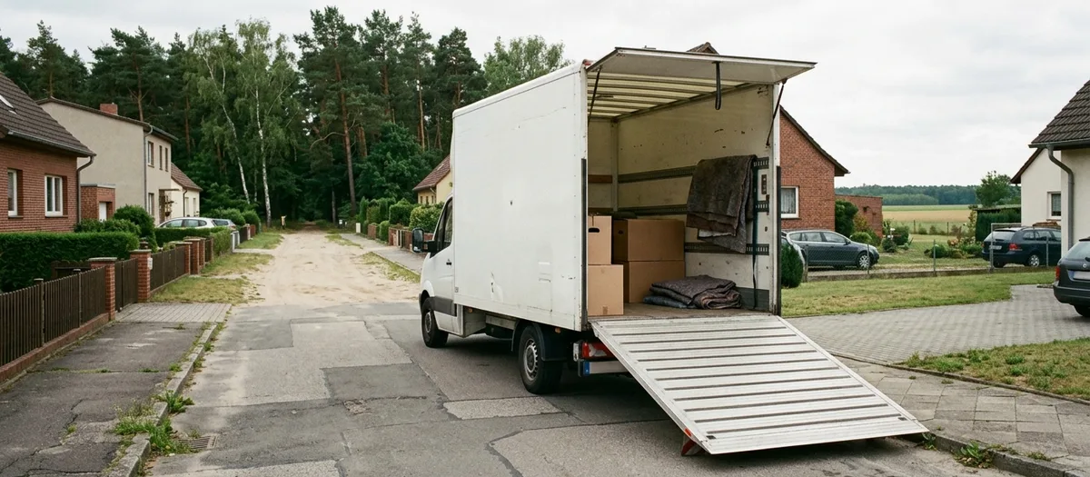 Geöffneter Möbelkoffer mit Kartons und Decken, die Auffahrrampe liegt auf dem Pflaster einer Anliegerstraße