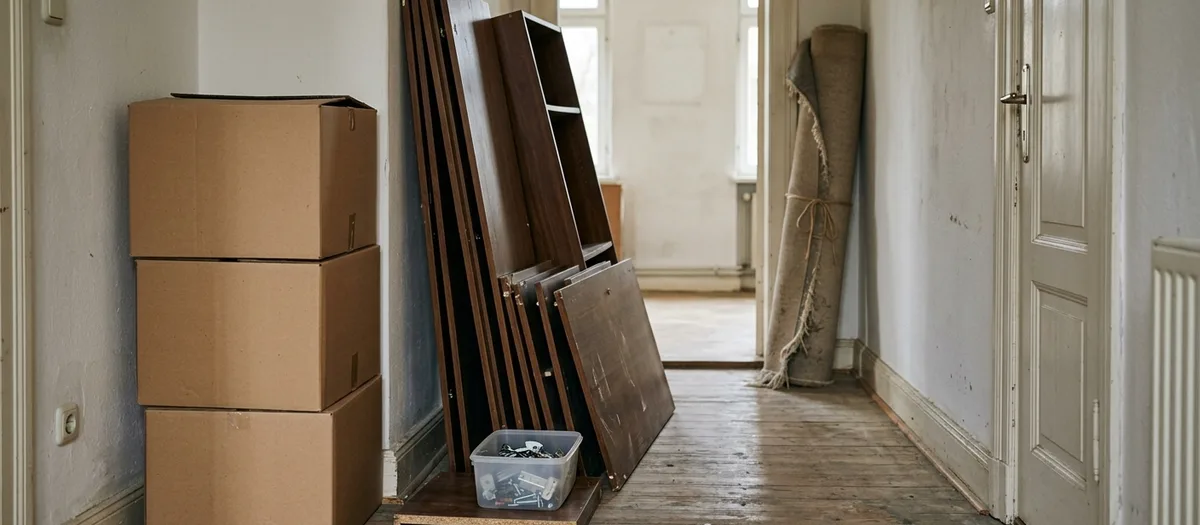 Altbauflur mit gestapelten Kartons, zerlegten Möbelplatten, aufgerolltem Teppich und einer Box voller Schrauben