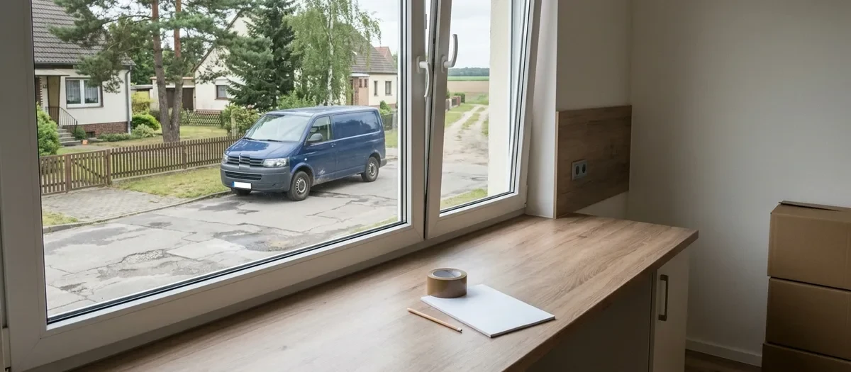 Blick vom Fensterbrett mit Klebeband, Block und Bleistift hinaus auf einen blauen Transporter