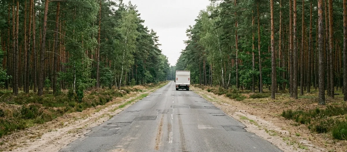Gerade Waldstraße zwischen Kiefern, in der Ferne entfernt sich ein weißer Koffer-Lkw