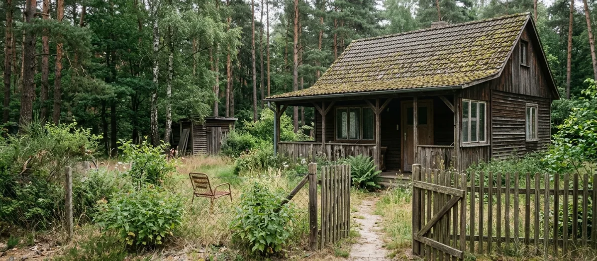 Hölzerne Datsche mit bemoostem Ziegeldach, Veranda und Lattenzaun in einem verwilderten Waldgrundstück